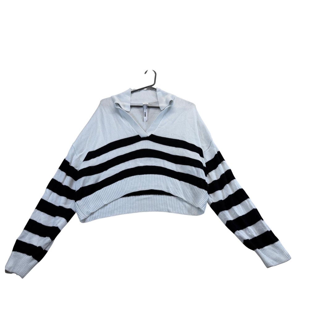 PINK Sweater Women Large White Black Striped V-Neck Cropped Knit Pullover Logo